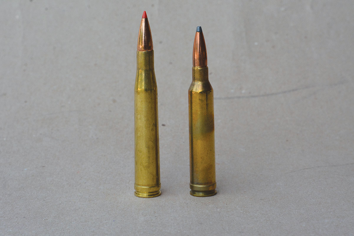 The 7mm Remington Magnum (right) was based on the 300 H&H Magnum belted case (left), but blown out and shortened to work in 30-06  actions.